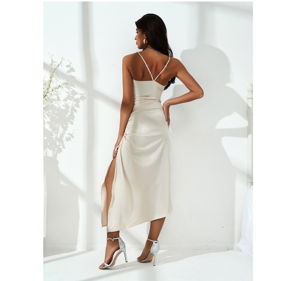 Satin Champagne High Slit Midi Dress - Picture 4 of 9